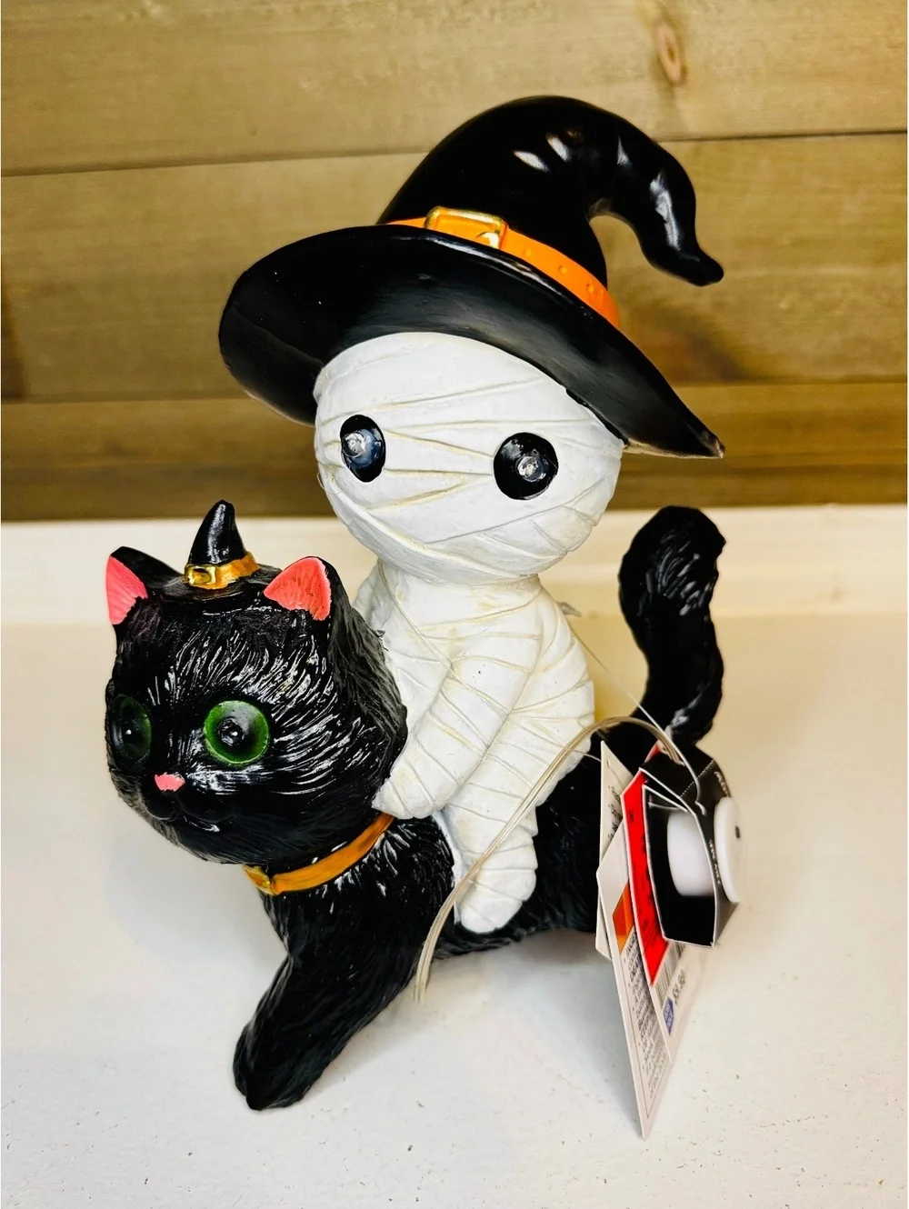 Halloween Mummy Riding Black Cat Figurine - Light Up Eyes Witch Hats 8